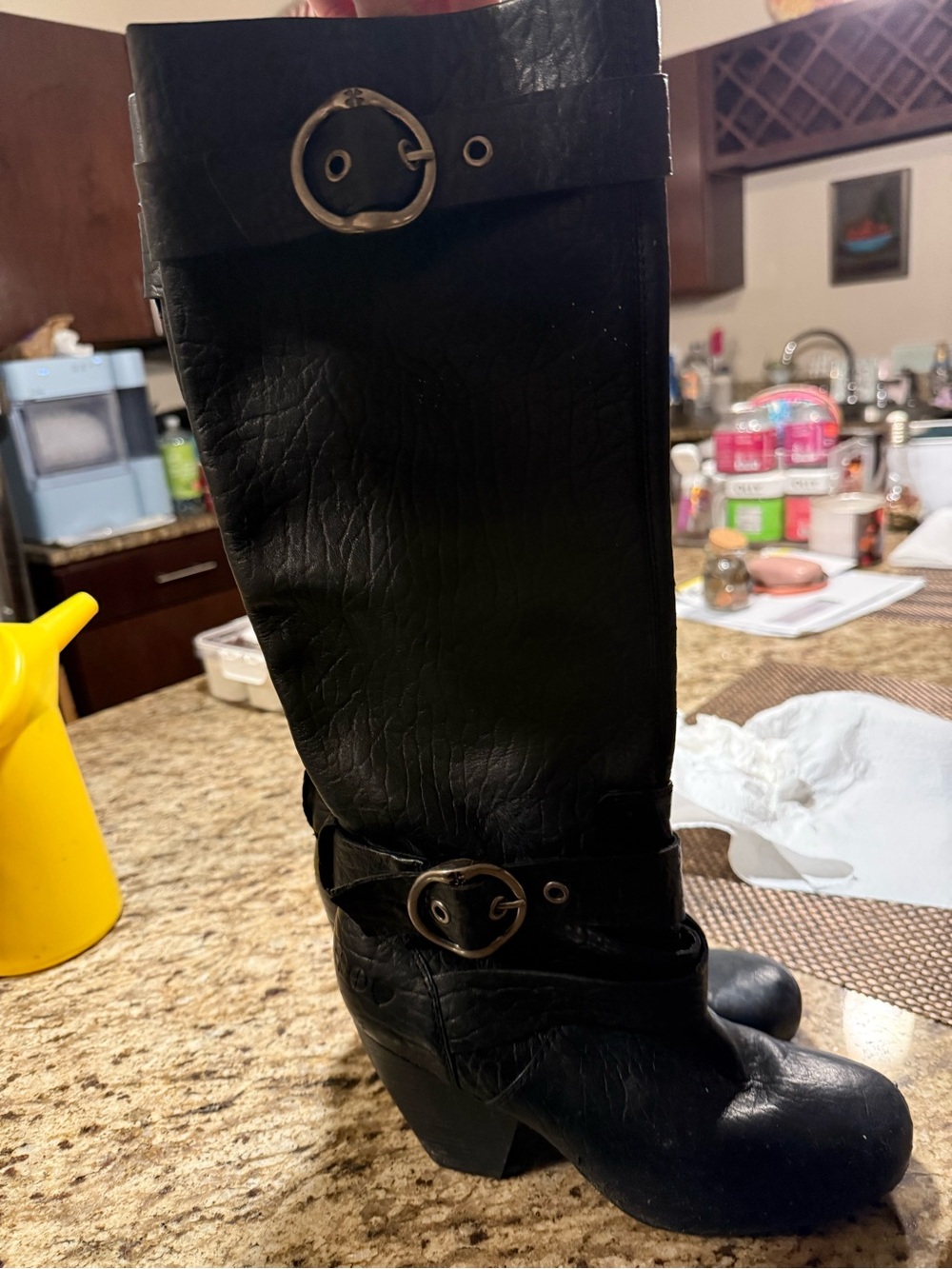 Lucky brand Black Mid-Calf Heeled Boots with Buckle Detail